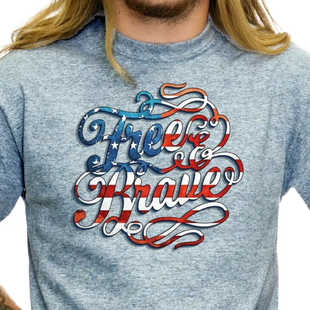 Free & Brave American Flag Patriotic Shirt Red White And Blue T-Shirt - TS22